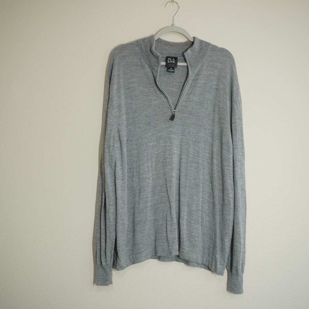 Jos. A. Bank Men's XXL Grey 100% Merino Wool Quarter Zip Sweater Casual Office